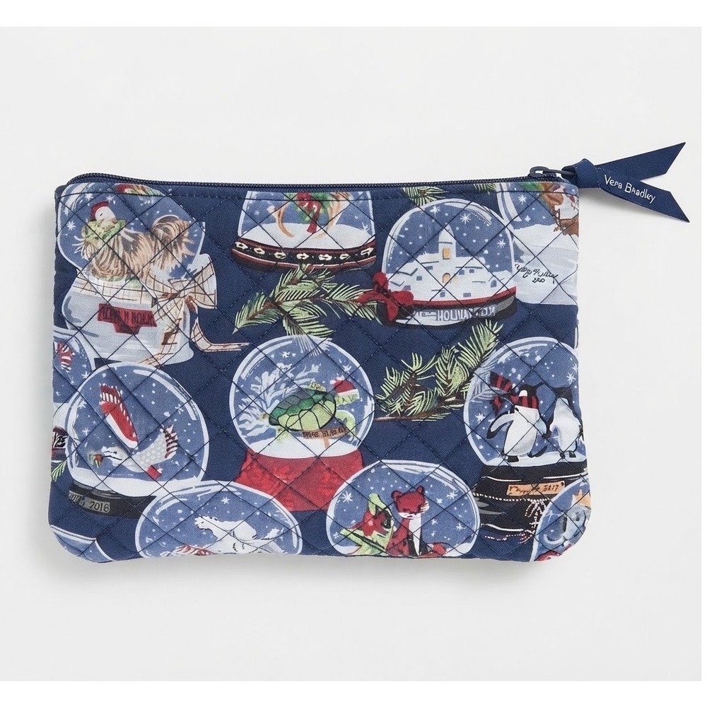 Vera Bradley Snow Globe Quilted Cotton Cosmetic Pouch Navy Blue Holiday Bag